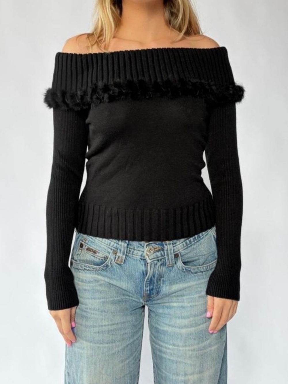 Faux Fur Trim Sweater Off Shoulder Black Cabo